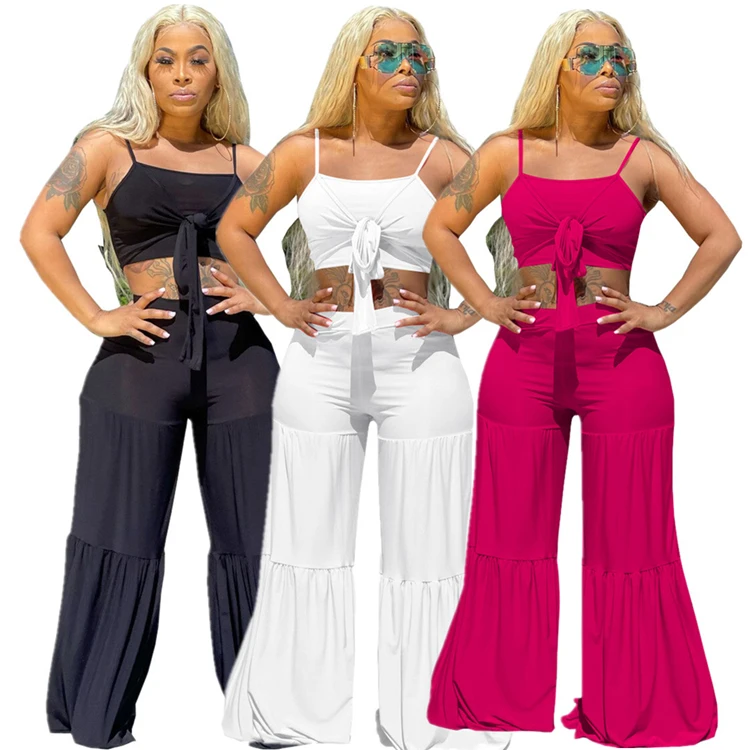 

DUODUOCOLOR Fashion casual solid color wide leg pants suspender sexy woman two pieces set tracksuit summer outfits D97828
