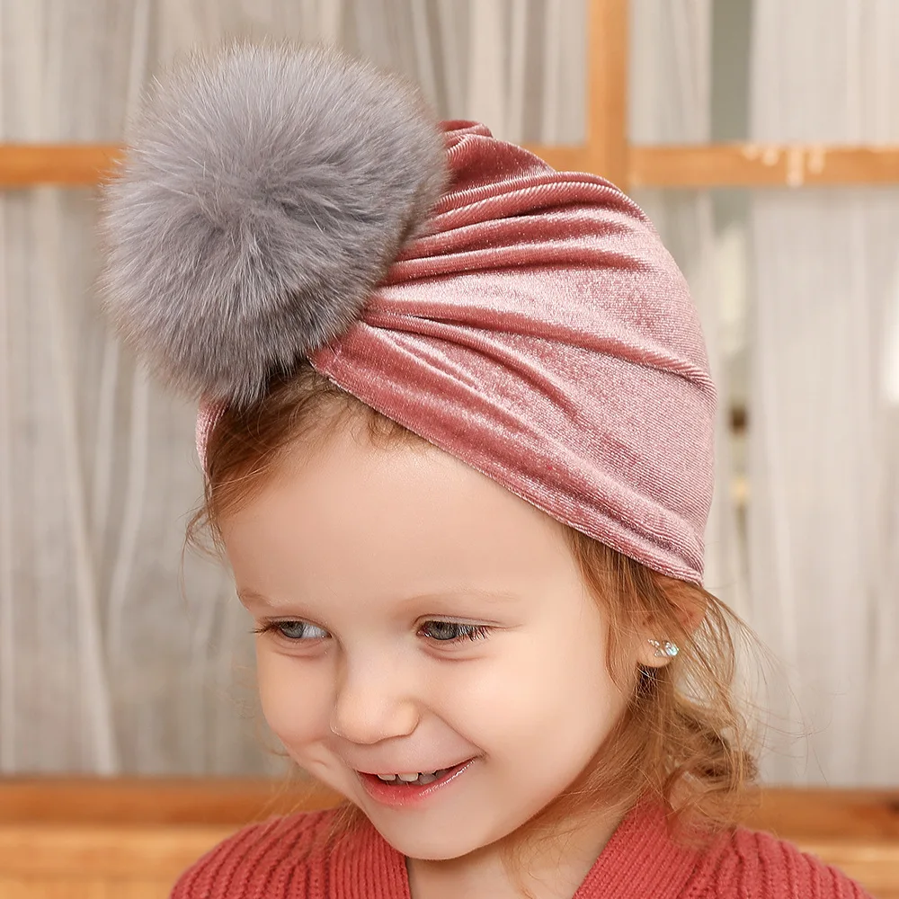 

Free shipping winter Baby Beanie with real fur ball pom pom India Style Toddler Kids Hat baby Topknot Turban Super September, Picture