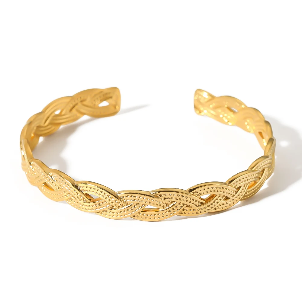 

Luxury Stainless Steel Gold Plated Twisted Braided Unique Woven Pattern C Shape Open Cuff Bangles