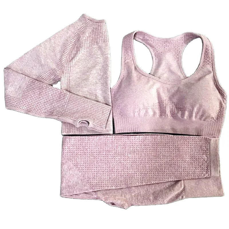 

3PCS Yoga Set Vital Seamless Leggings Sports Bra+Long Sleeve Crop Top+Women Running Gym Leggings High Waist Fitness Sports Suit, Printed