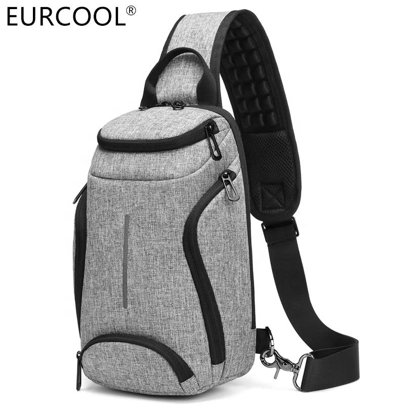 

Eurcool Wholesale Casual Canvas Messenger Crossbody Backpack Mini Sling Chest Bag Nylon Oxford With USB, Black or gray for choice