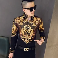 

Luxury Black Gold Printed Shirt Royal Men's Tuxedo Fashion Men's Club Clothing Long-Sleeved Slim Street Dress Shirt Homme M-3XL