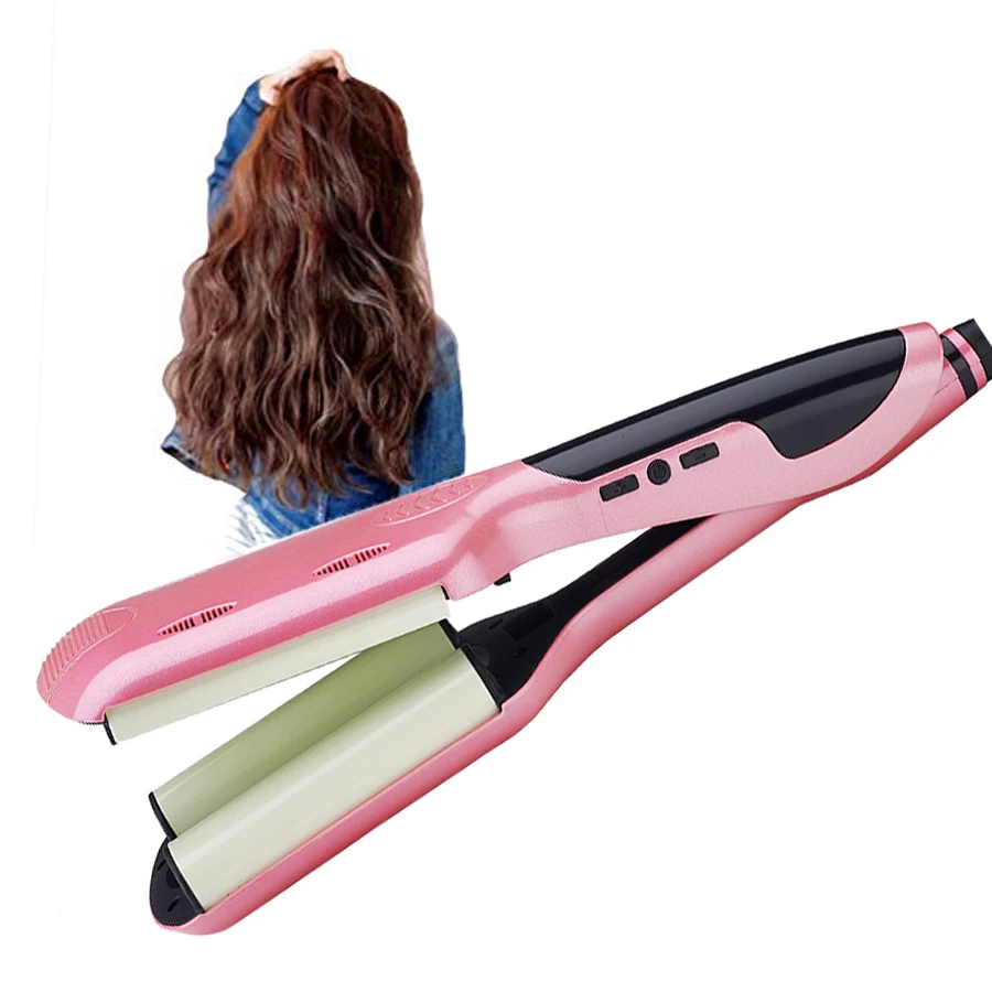 

Ceramic LCD hair curler electronic three tube wave wet dry body wave deep heat iron curl hair curler curling machine, Gold, pink