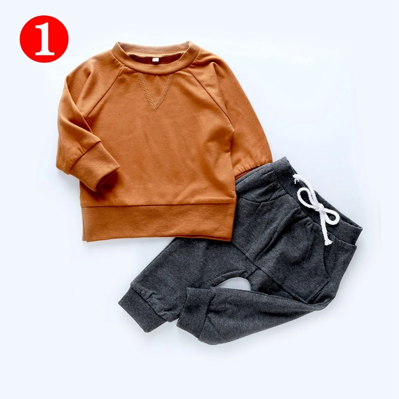 

Q107076 2021 New Baby Spring Sets Toddler Baby Boy Girl Long Sleeve Solid Tops Camouflage Stripe Pants Outfits Set, Solid color