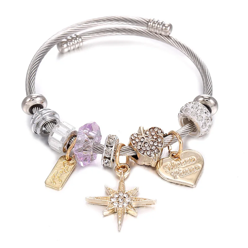 

Women Girls Friendship Lover Bracelet Jewelry Stainless Steel Handmade Star Crown Beads Charm Adjustable Bracelets, Silver