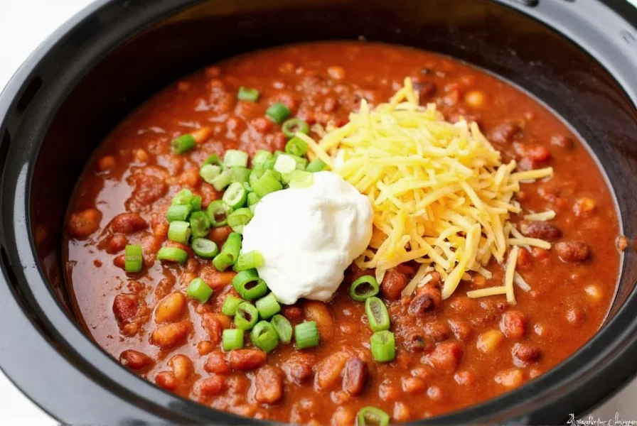 Finished crock pot chili served in bowl with toppings including sour cream, shredded cheese, and green onions