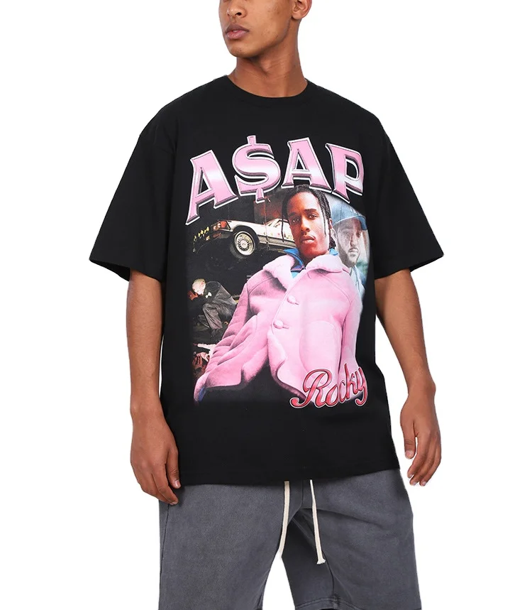 

Mandy's Tribute to the characters short-sleeved 2PAC ASAP ROCKY men's oversized t shirt washed t-shirt, Accept custom color