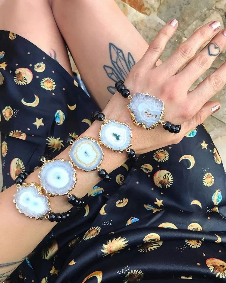 

8mm Black Agate Round Beads Sun Flower White Druzy Agate Slab Slice Connector Bracelets, As picture