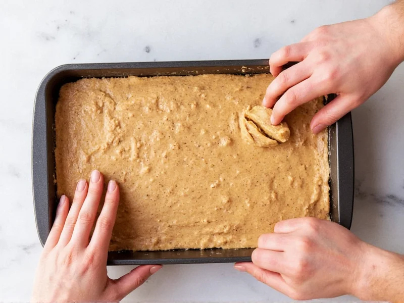 Hands pressing protein bar mixture into baking pan