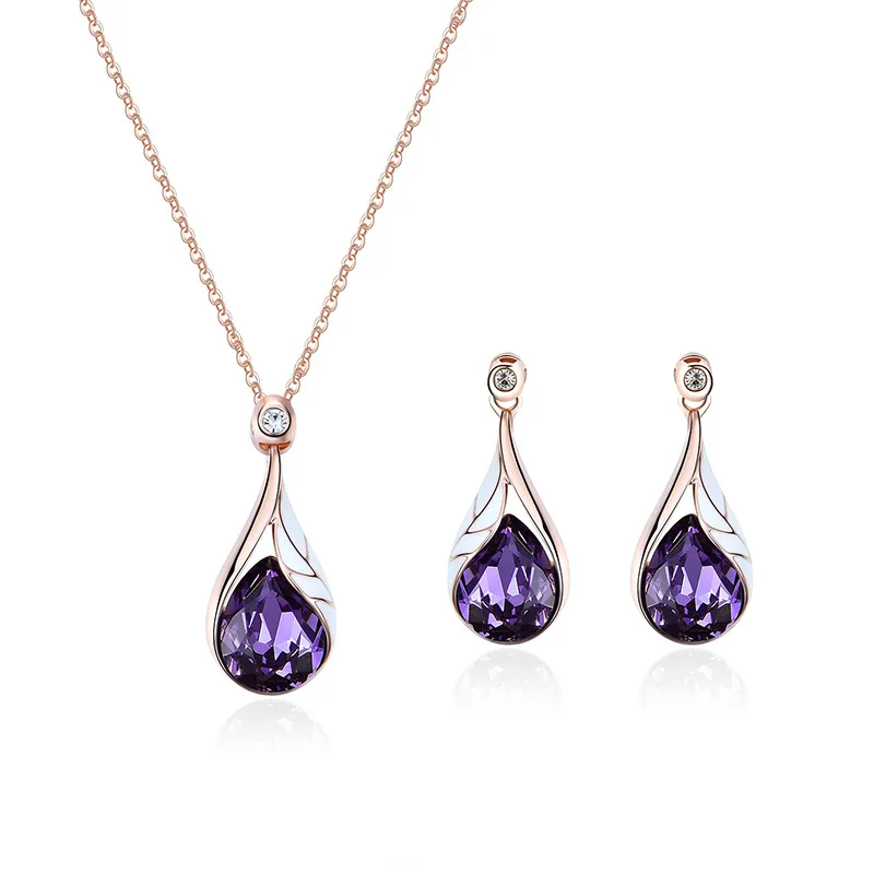 

European and American 2 Set Purple Waterdrop Crystal Necklace Earrings Set For Mom