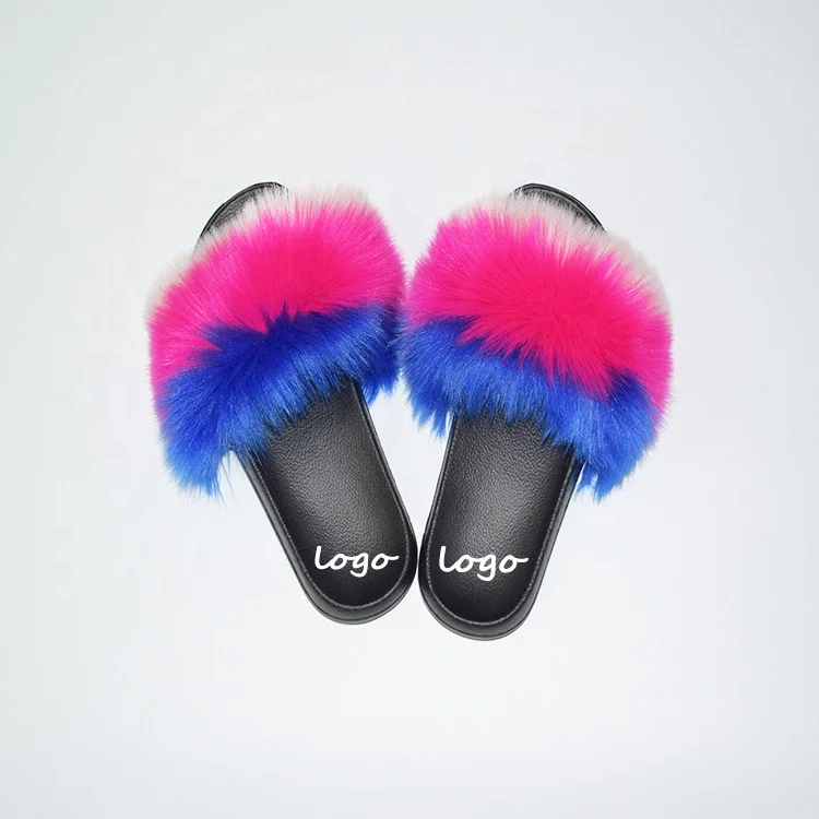 

Custom logo Fox Fur Sandals Outdoor Fluffy Slippers fluffy fox raccoon fur slides for women