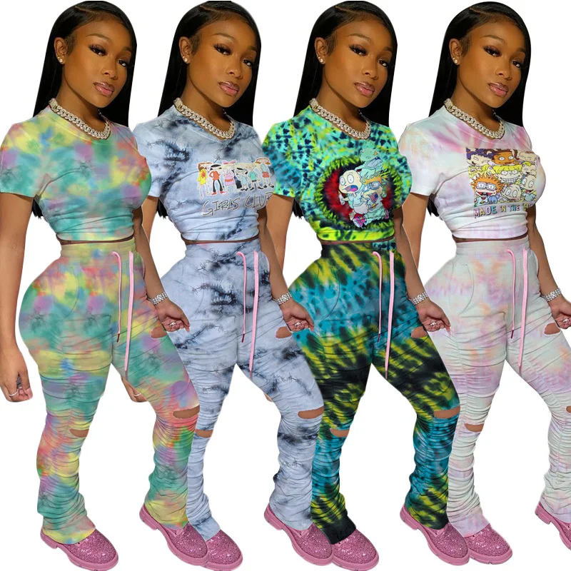 

TFZ1014 summer new Fashion jogging sets sportswear short sleeves women tie dye drape leisure stacked pants set two piece set