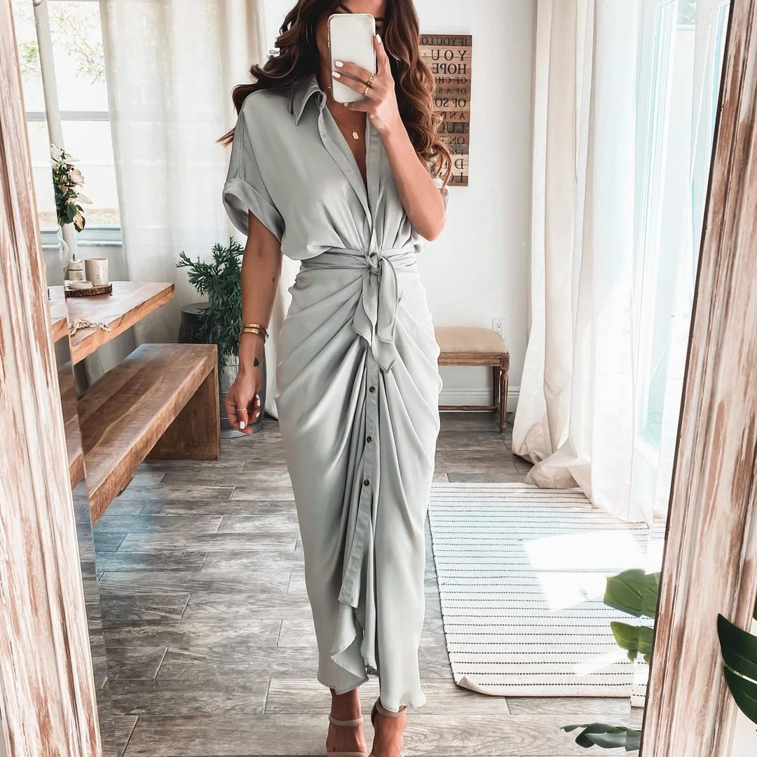 

Women 2021 Summer Casual Long Button Solid Color Dress Ladies Short Sleeve Woman Dress with Wrap Belt, Picture