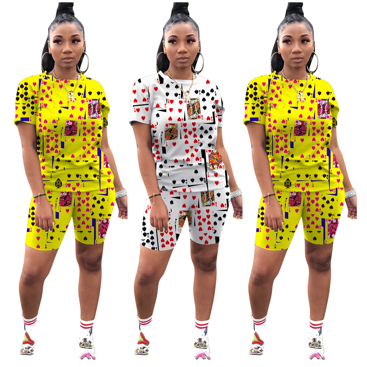 

FM-YD8244 New Arrival casual suits poker printed fashion two pieces shorts set for women, Pic