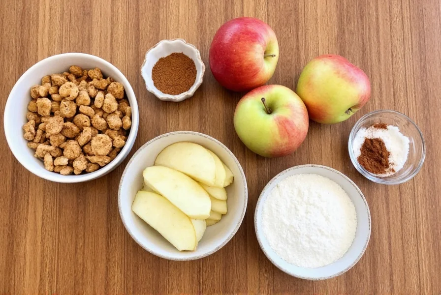 Selbstgemachtes Apfel-Zimt-Crunch-Rezept mit Zutaten wie Müslis, Apfelscheiben, Zimt und braunem Zucker