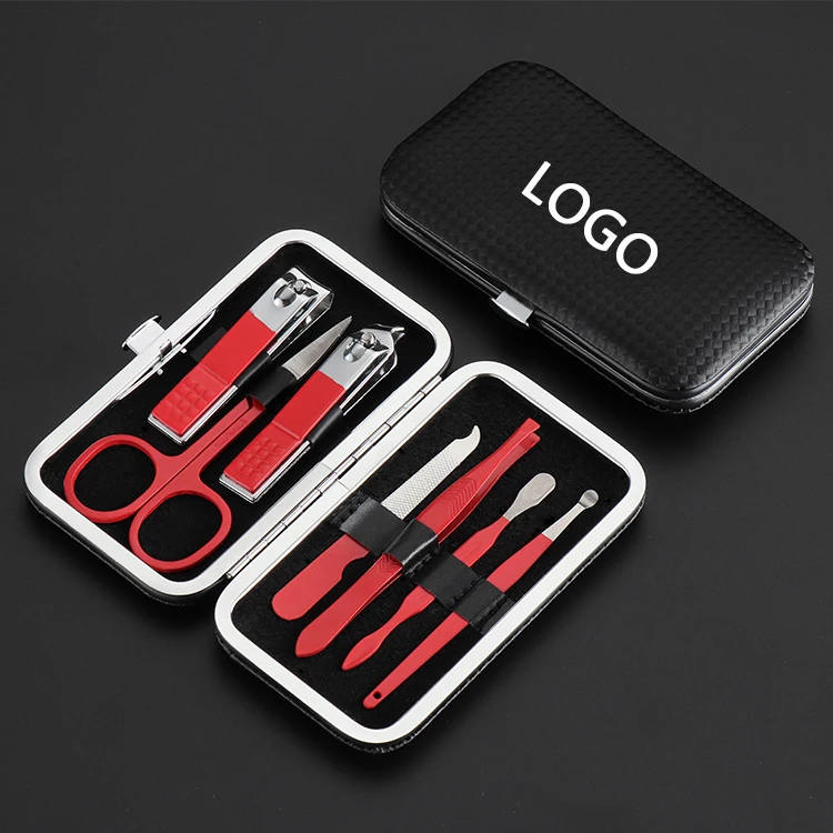 

Leather package gift stainless steel professional 7pcs manicure pedicure set with box, Black/red