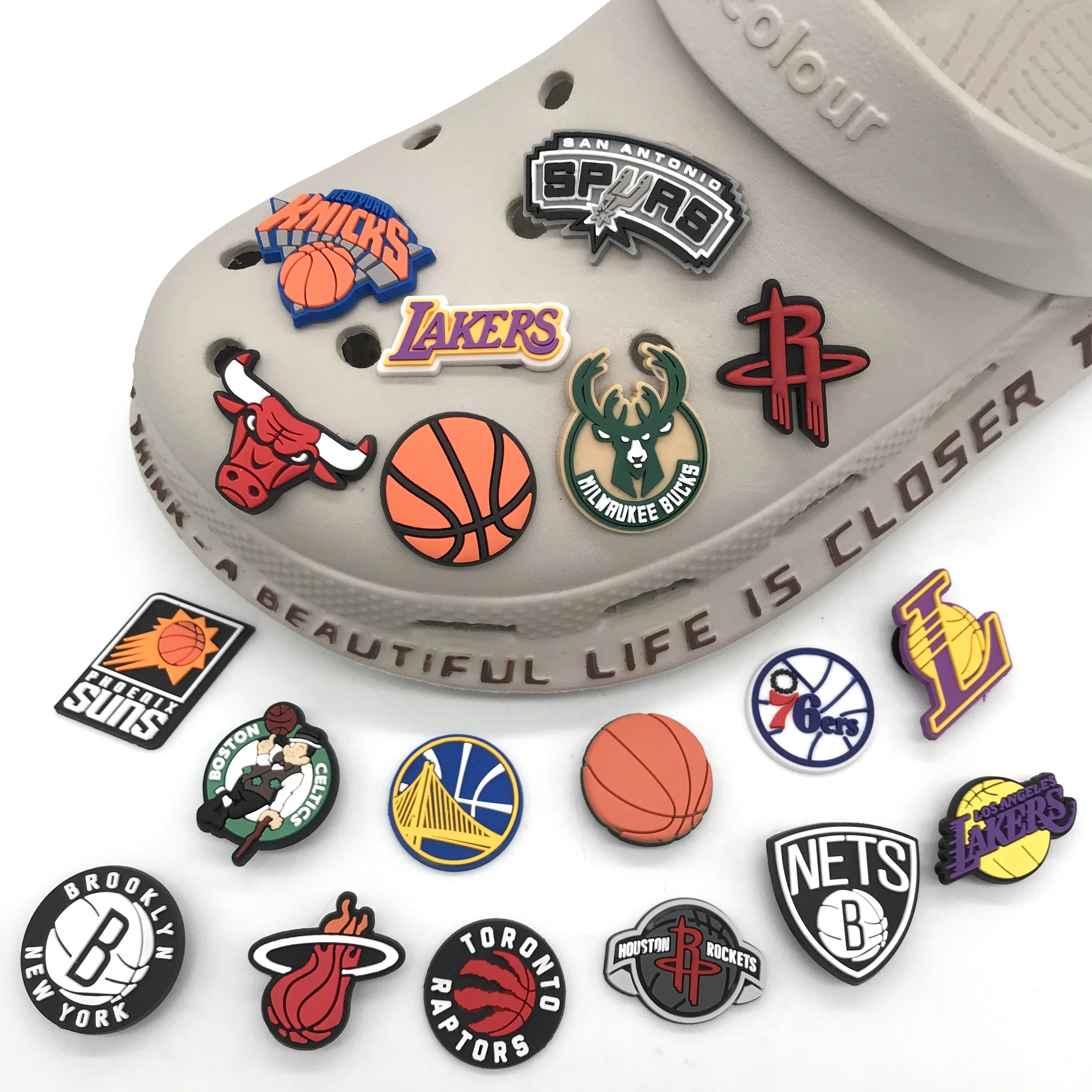 

Goods in stock Lakers Croc shoe Spurs Miami Heat Basketball team charms clog PVC plane submarine Shoes accessories, Picture