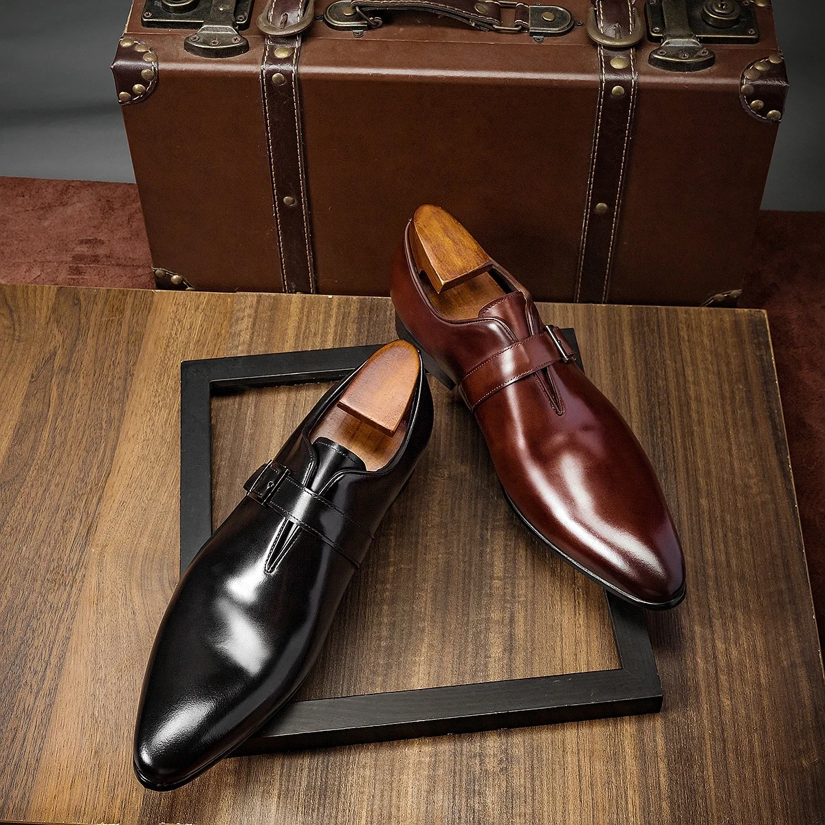 

Best selling genuine leather derby monk strap shoes mens dress shoes, Black,coffee