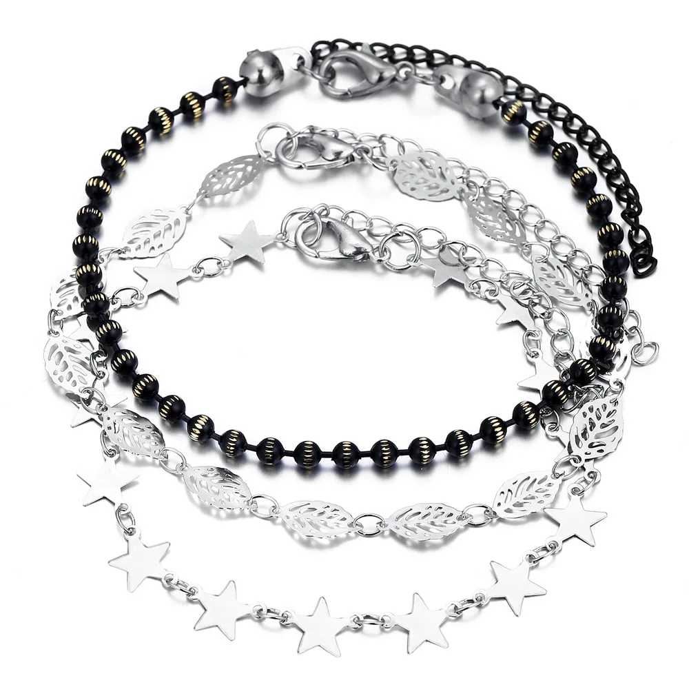 

Wholesale 3Pcs silver alloy jewelry set star leaf black bead design chain anklets, Silver and black