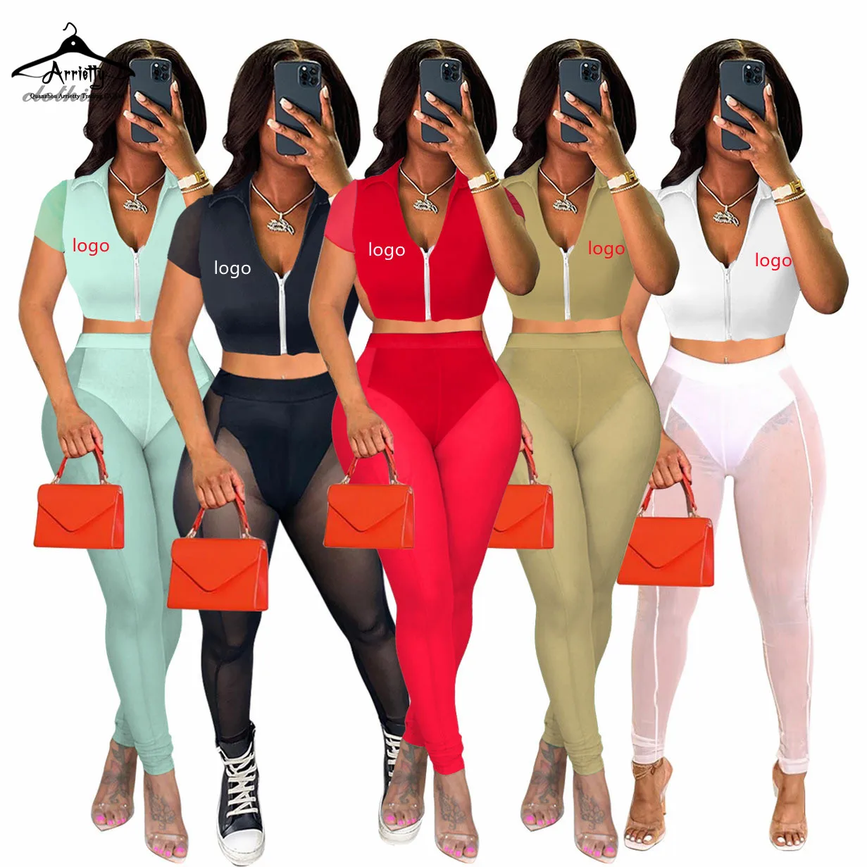 

2022 new casual Breathable women summer set Mesh stitching short sleeve sexy two piece set women clothing