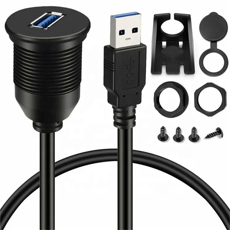 

1m Single Port USB 3.0 AUX Car Mount Flush Waterproof Extension Cable for Car Truck Boat Motorcycle Dashboard Panel, Black