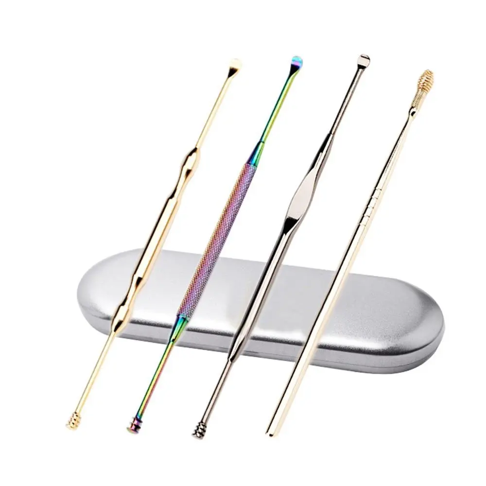 

Stainless Steel 4 In 1 Ear Pick Tools Curette Reusable Ear Spoon Cleaner Wax Removal Kit with Storage Box, Rose gold/silver/ gold/ black