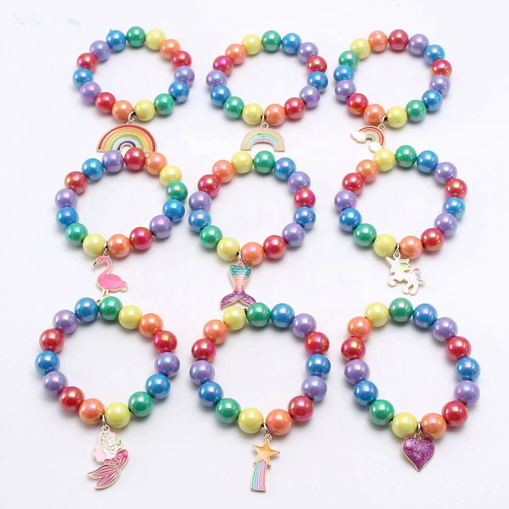 

Wholesale Unicorn Seven Color Rainbow Mermaid Flamingos Alloy Acrylic Chunky Bead Bracelet For Kids Children Bracelet Jewelry, Picture