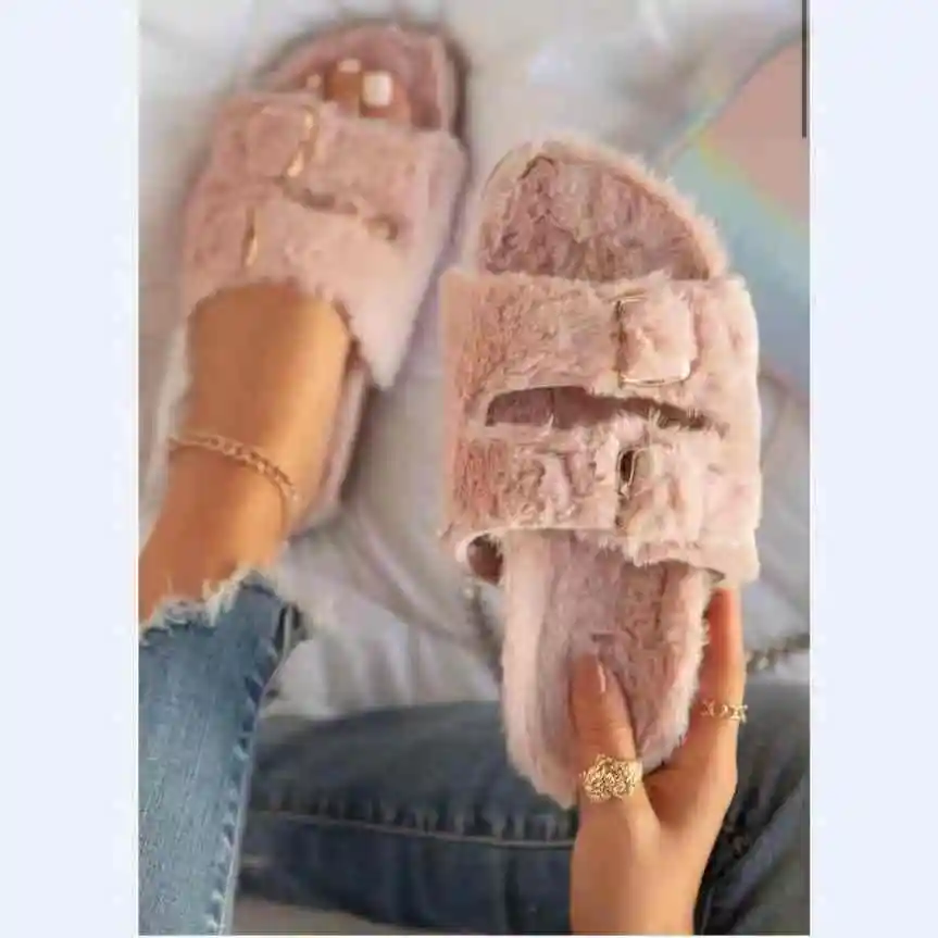 

2021 latest fashionable double strap fur slide with buckle ladies platform fluffy flat slipper plush sandals pantufla, Customize