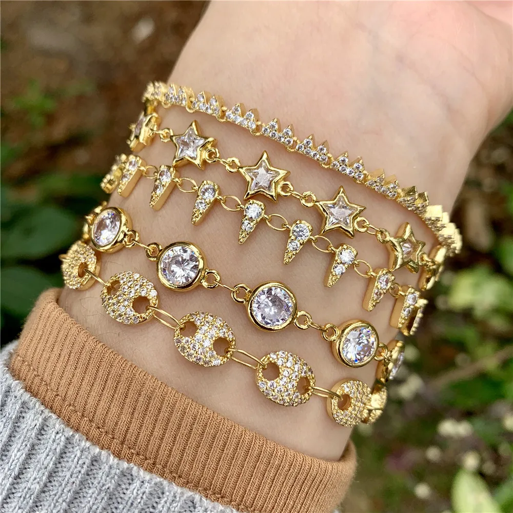 

LS-B1669 Fashion cz charm bracelet gold chain bracelet pig nose star piont charm bracelet clear quartz micro pave jewelry