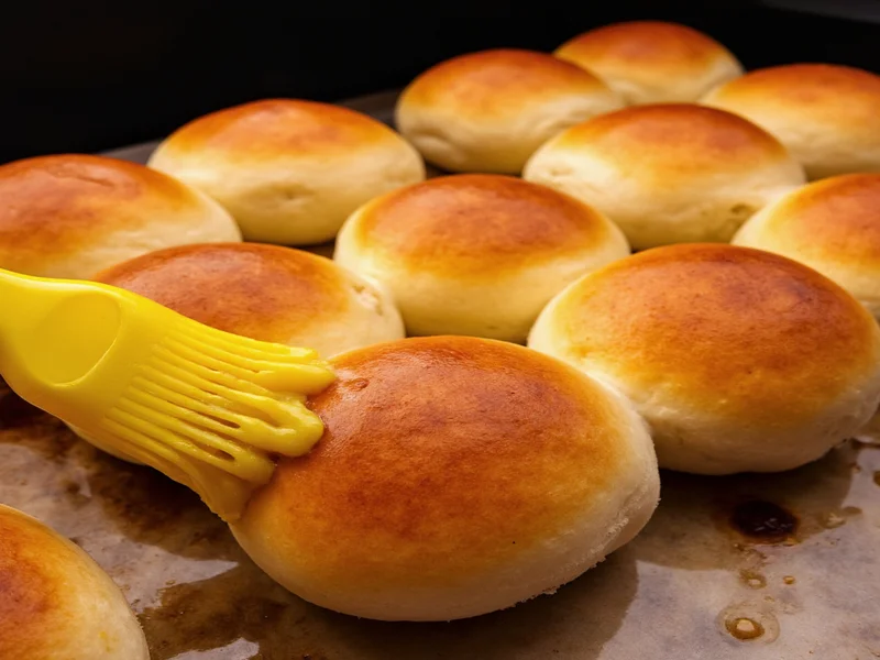 Golden brown homemade rolls fresh from oven with melted butter brush