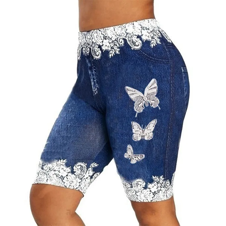 

Women Plus Size Jean Shorts Lace Patchwork Butterfly Print Bodycon Shorts Elastic Skinny Denim Shorts for Women, Picture