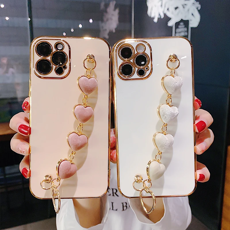 

Candy Color Glossy 6D Electroplate Plush Love Heart Wrist Bracelet Phone Case For iPhone 11 12 Pro Max X XS XR 7 8 Plus SE2020
