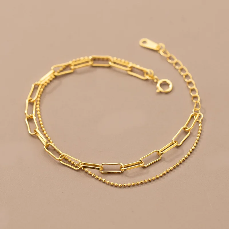 Trendy Jewelry 925 Sterling Silver 18k Gold Plated Double Layer Chain Bracelets Paper Clip Chain Bracelet for Women