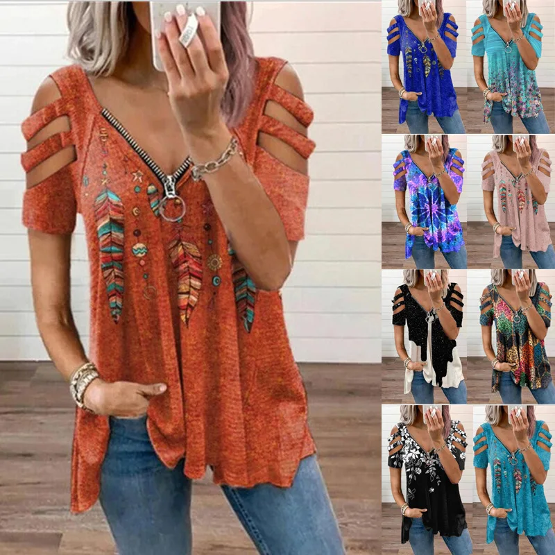 

V-neck zipper pullover printed short sleeve