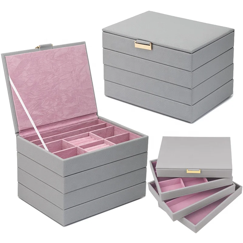 

Popular stacker style jewelry storage box with 4 layers tray jewelry organizer, Gray,pink or pantone color