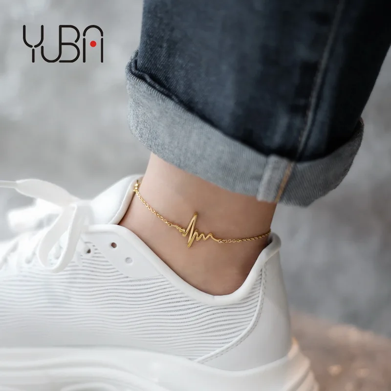 

Real Gold Plated Titanium Steel Electrocardiogram Ankles 316L Stainless Steel Rock Wave Heartbeat Charms Foot Chain Anklet