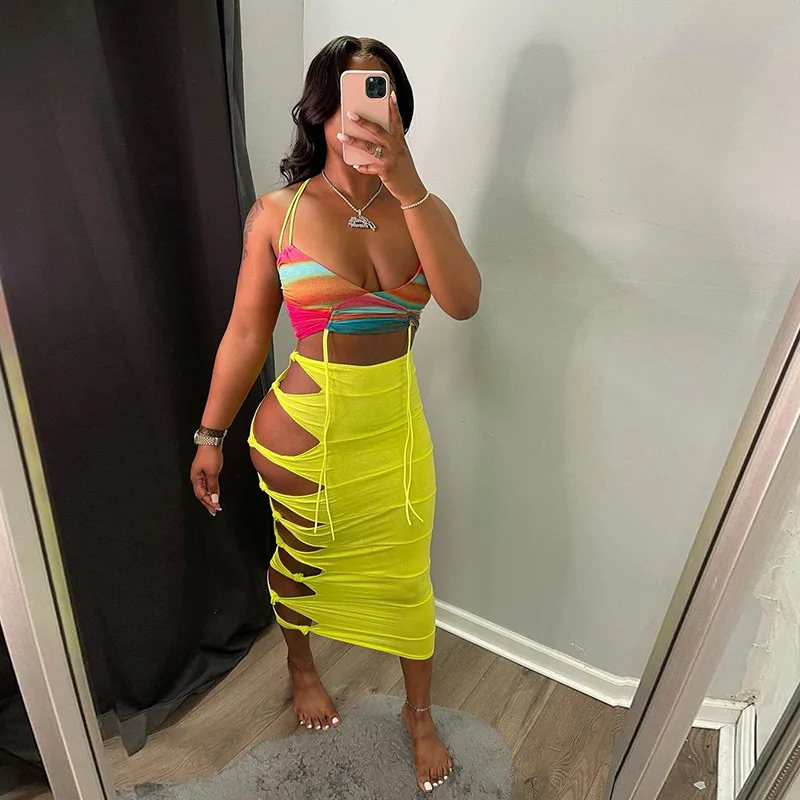 

Designer Woman Bandage Skirt With Holes Long Stretch Skirt
