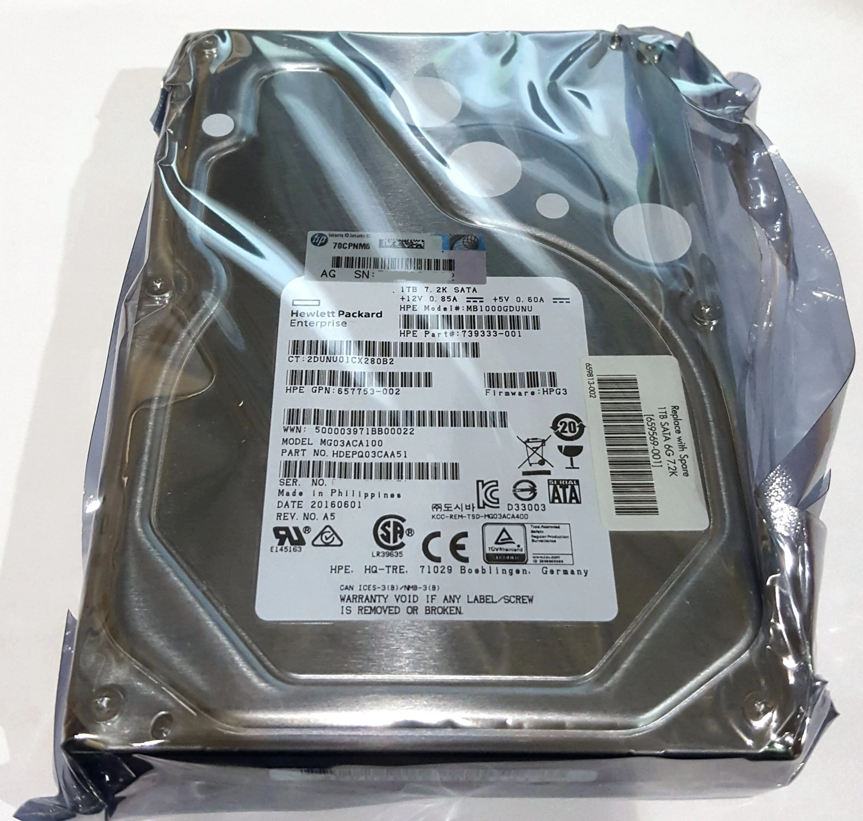 

HPe hard drive hard disc 1TB 6G SATA 7.2k 3.5in SC MDL HDD