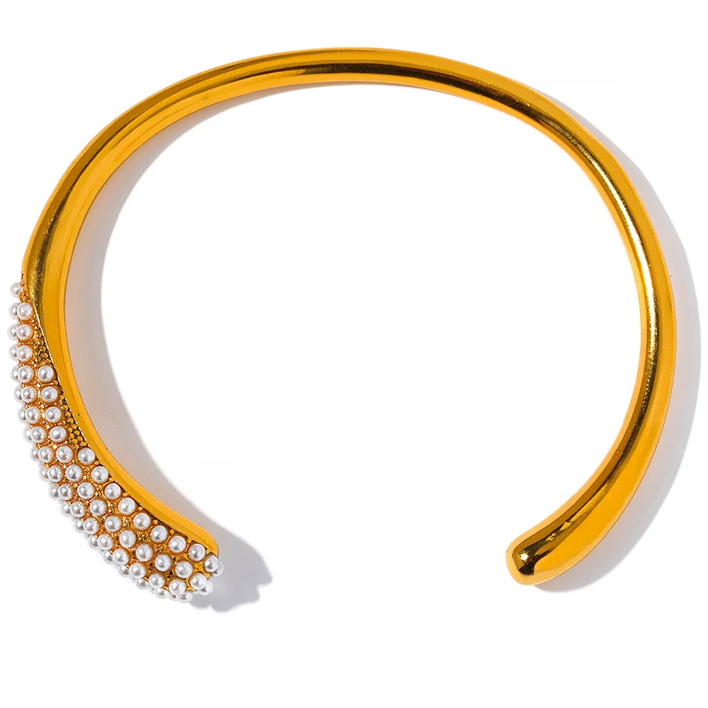 

JINYOU 1844 Elegant Artificial Pearls Geometric Stainless Steel 18K Gold Color Cuff Bracelet Bangle Personalized Texture Jewelry