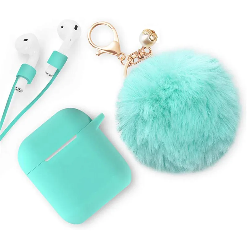 

Fashion 3 In 1 Sets Soft Silicone Cases For Airpods 2 Gen Shockproof Earphone Cover Cute Pom Pom Fur Ball Keychain, 12 colors