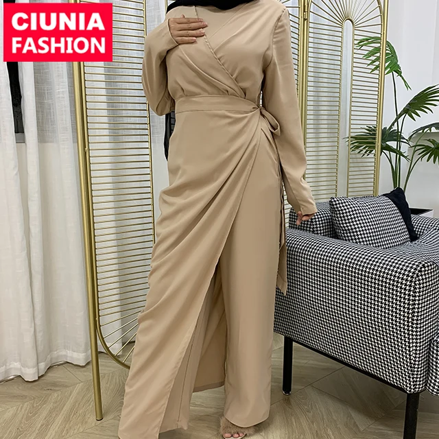 

6388# Fashion Solid Color V-Neck Stitching Nida One Piece Wide Leg Pants Modest Muslim Islamic Suit Jumpsuit Clothing, Red/pink/ brown/blue/black