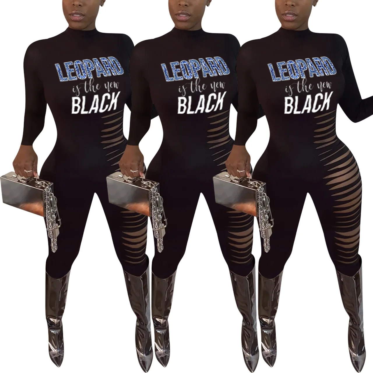 

Wholesale Sexy Tight Black Letters Print Hollow Out Women Bodycon Romper and Jumpsuit, 4colors