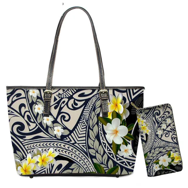 

Polynesian Women Hand Bags 2pc Handbags and Purses Hawaiian Flower Print Shoulder Bag for Girls Custom Luxury Handbags for Women, Customized color