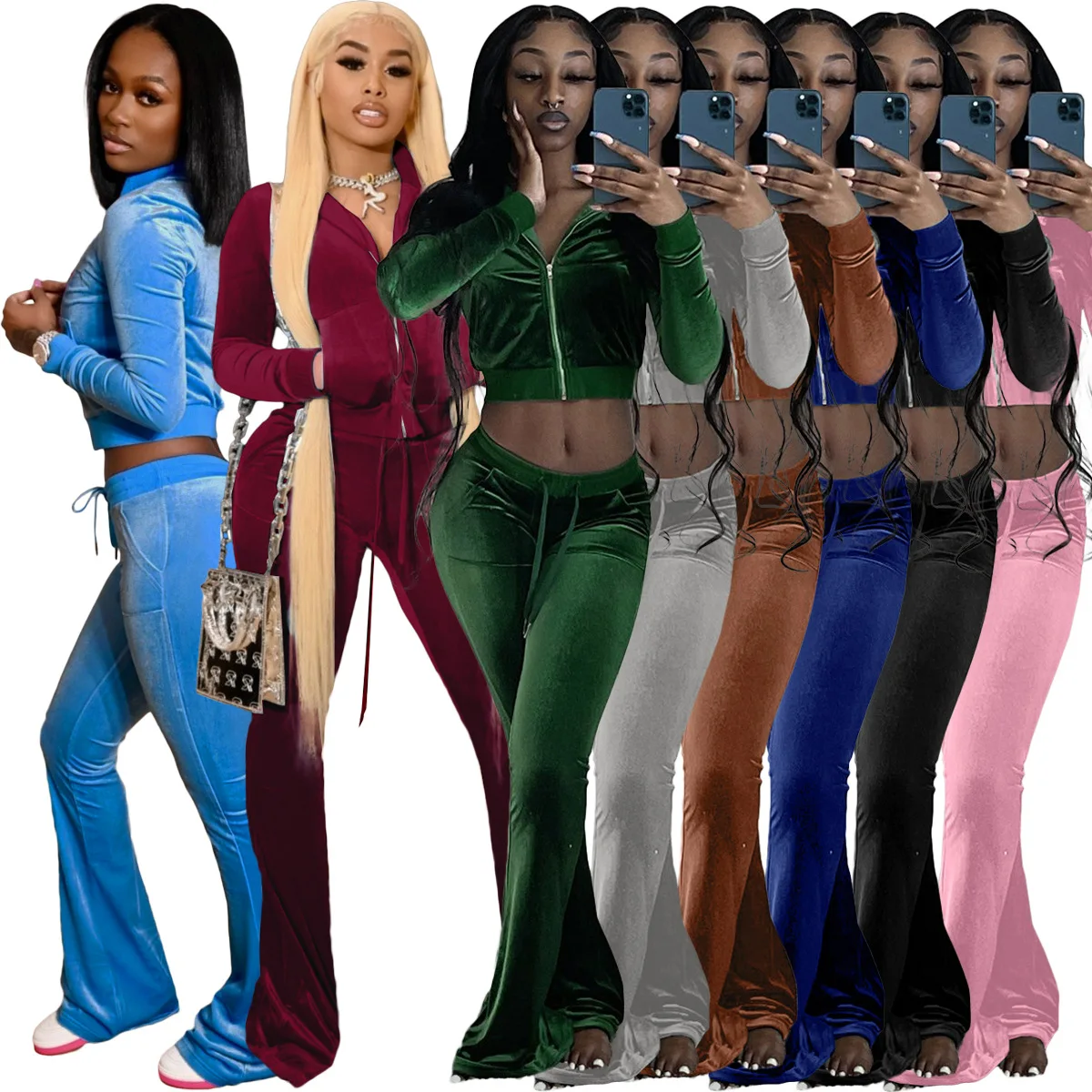 

2021 Velvet Tracksuit Long Sleeve Crop Top Sexy Pants Set Jogging Suit Velvet Tracksuit Women, 8 colors