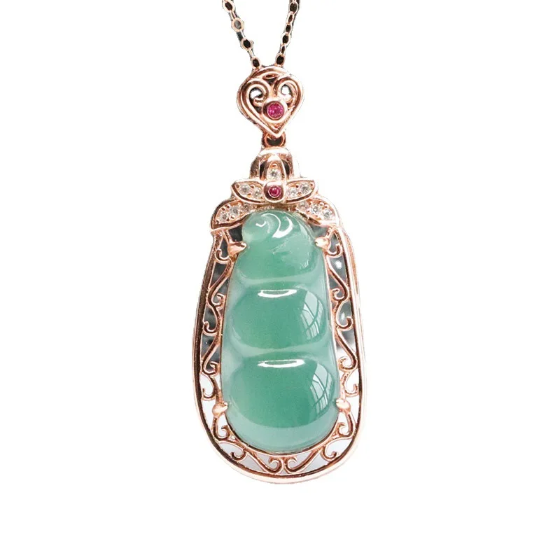 

Free Shipping S925 Silver Inlay Natural Emerald Ice Blue Water Sauteed Green Beans Pendant Jade Jewelry Live Delivery 2051206
