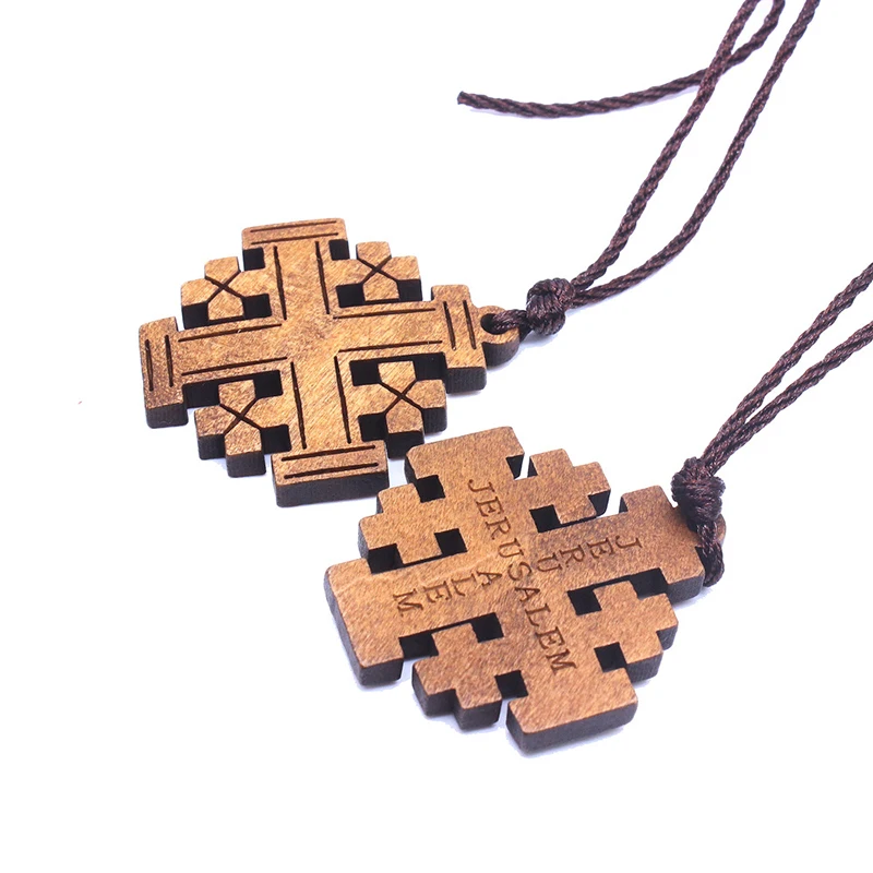 

Wholesale Roped Crucifix Necklaces Wooden Jerusalem Religious Catholic Accessories Pendant Cross Necklace