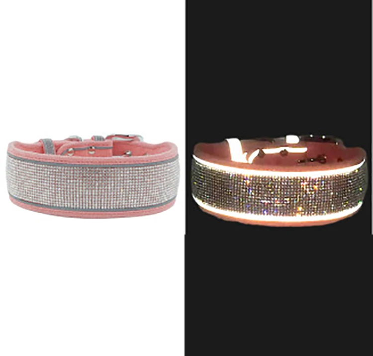 

2021 New Big Pet Dog Collars Night Safety Reflective Rhinestone Large Dog Collar, Picture