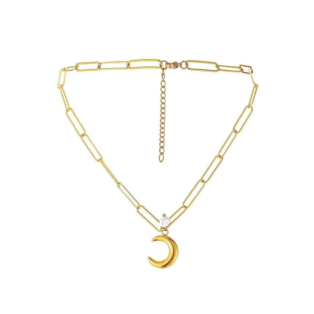 

Fashion Gold Color Stainless Steel Women's Moon Pearl Pendant Necklace Female Choker Clavicle Women Party Jewelry Gifts