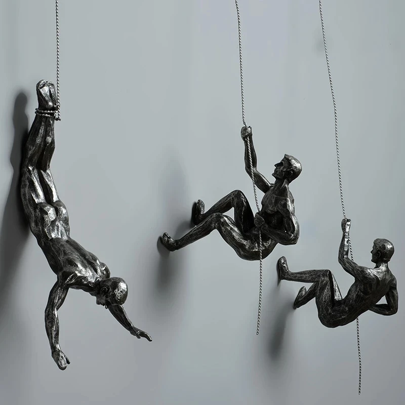 Climbing Man Wall Art Hanging Decoration Wall-mounted Sculpture Resin Climbers Figure Set of 3 Antique Silver Rock Climbing Men