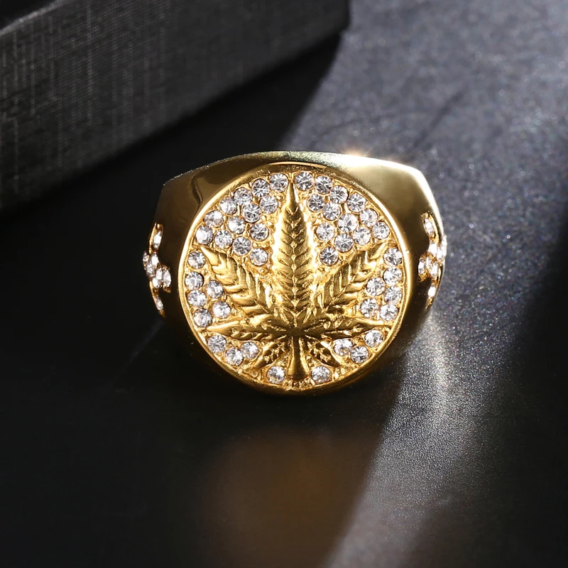 

men's ring HIP Hop Iced Out Bling Gold Stainless Steel Micro Paved Rhinestone Weed Maple leaf Rings cross diamond ring